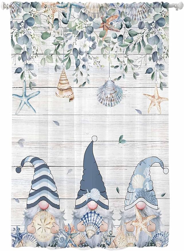 Sheer Curtains 72 Inches Long, Coastal Eucalyptus Leaf Semi Sheer Curtains Light Filtering Window Treatment, Ocean Blue Gnomes Starfish Wood Grain Privacy Voile Drapes for Living Room 52x72 Inch