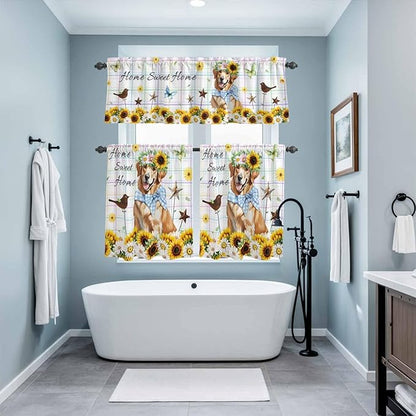 Kitchen Curtains Tiers and Valance Set of 3, Sunflowers Dog Light Filtering Window Curtain Set, Spring Watercolor Floral Stars Colorful Plaid Rod Pocket Curtain Drapes for Living Room, 24 Inches Tiers