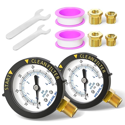 MEANLIN MEASURE 0~60Psi 1/4" NPT Start and Clean Filter Pressure Gauge, Suitable for Swimming Pool, Spa, Aquarium, Lower Mount(Pack of 2), with 1/2" NPT and 3/8" NPT Hex Bushing