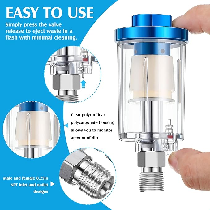 Pack of 6 Small Water Oil Separator Filter 1/4 Inch NPT Inlet and Outlet Air Compressor Moisture Filter Airbrush Water Separator for Spray Paint Air Line Compressor Fitting, Blue