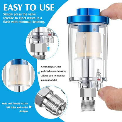 Pack of 6 Small Water Oil Separator Filter 1/4 Inch NPT Inlet and Outlet Air Compressor Moisture Filter Airbrush Water Separator for Spray Paint Air Line Compressor Fitting, Blue