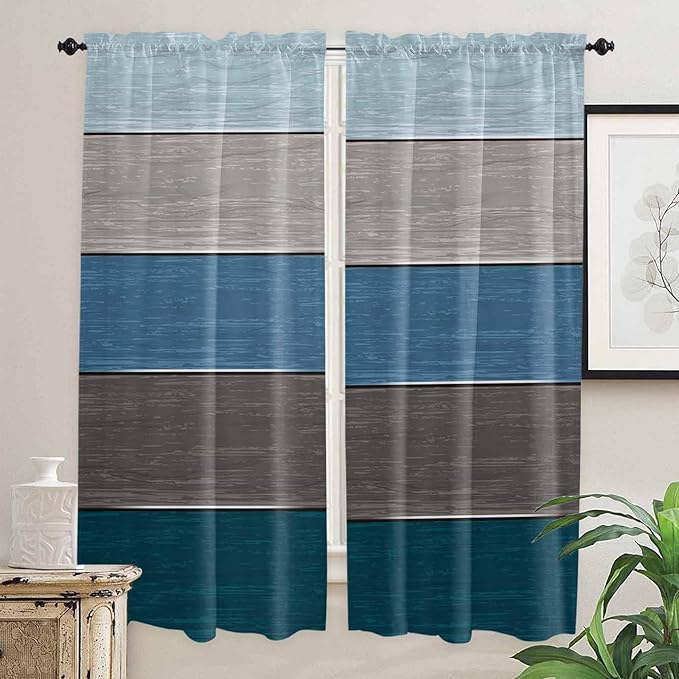 Retro Farm Blue Gray Wood Grain Window Valance Curtains, Rustic Wooden Plank Light Filtering Kitchen Valance with 3-inch Rod Pocket for Living Room Bathroom Bedroom,2 Panel,52x72In