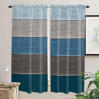 Retro Farm Blue Gray Wood Grain Window Valance Curtains, Rustic Wooden Plank Light Filtering Kitchen Valance with 3-inch Rod Pocket for Living Room Bathroom Bedroom,2 Panel,52x72In