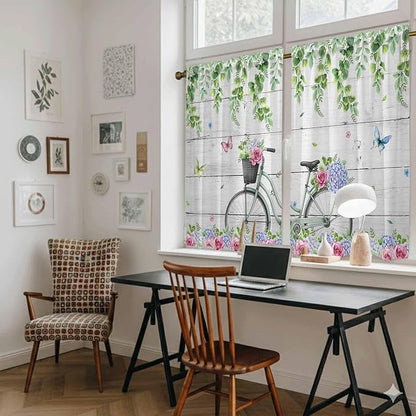 Spring Tier Curtains, Bicycles Botanical Rose Leaves Butterfly Wood Grain Light Filtering Kitchen Curtains, 2Pcs Rod Pocket Half Window Treatments Panels for Sink Cafe Cabinet Basement 27.5x45 Inches