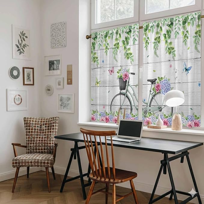 Spring Kitchen Curtains, Bicycles Botanical Rose Leaves Butterfly Wood Grain Light Filtering Window Curtain Panels, 2Pcs Rod Pocket Window Treatments Set for RV Dining Room Study Room 42x54 Inches