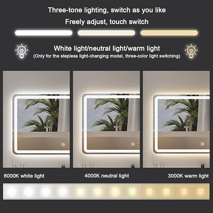 Bathroom Mirror with LED Lights，LED Bathroom Mirror，Illuminated Led Bathroom Mirror with Demister Pad，Illuminated LED Bathroom Mirror,3 Colours Backlit Makeup Mirror(B,H70*W90cm/H27.6*W35.4IN)