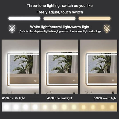 Bathroom Mirror with LED Lights，LED Bathroom Mirror，Illuminated Led Bathroom Mirror with Demister Pad，Illuminated LED Bathroom Mirror,3 Colours Backlit Makeup Mirror(B,H70*W90cm/H27.6*W35.4IN)