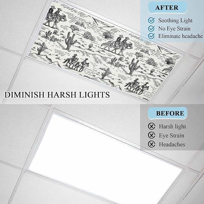 4 Pack Fluorescent Light Cover, Western Cowboys Light Covers for Ceiling Lights, Vintage Desert Canyon Cactus Horseshoe Magnetic Lights Filters Ceiling Shade for Classroom/Office - 4 x 2 Feet