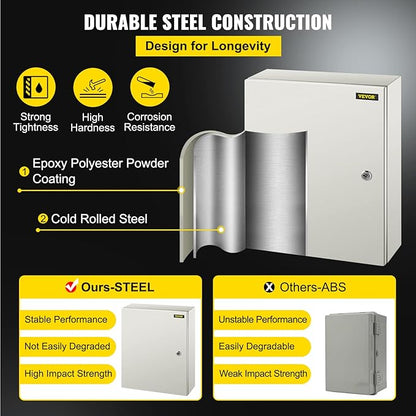 VEVOR NEMA Steel Enclosure, 20 x 16 x 6'' NEMA 4X Steel Electrical Box, IP66 Waterproof & Dustproof, Outdoor/Indoor Electrical Junction Box, with Mounting Plate