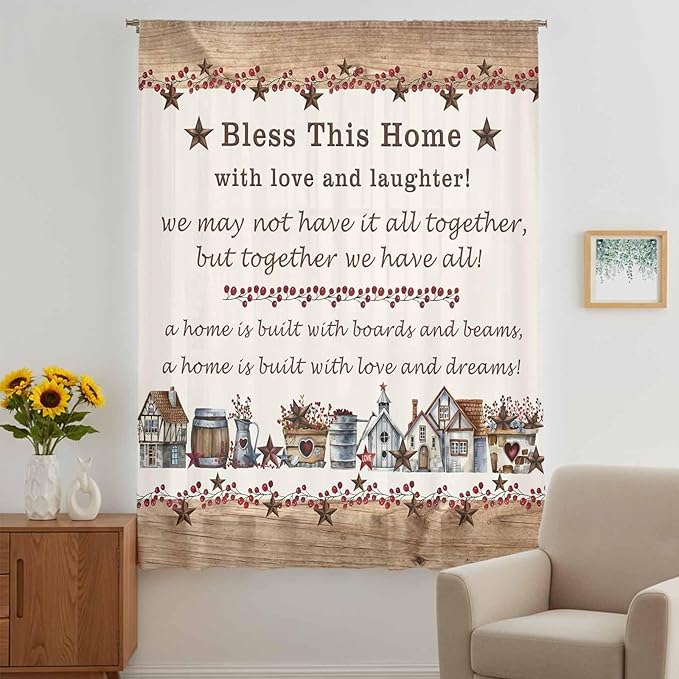 Farmhouse Sheer Curtains 84 Inch Length Country Star Barn Berry Brown Wood Plank Chiffon Curtain for Bedroom Living Room Light Filtering Rod Pocket Window Treatments Voile Curtains Drapes for Dining