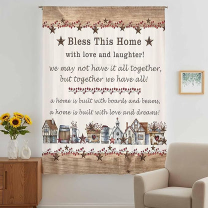 Farmhouse Sheer Curtains 84 Inch Length Country Star Barn Berry Brown Wood Plank Chiffon Curtain for Bedroom Living Room Light Filtering Rod Pocket Window Treatments Voile Curtains Drapes for Dining