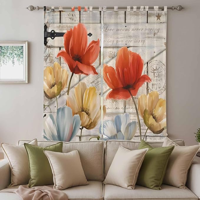 Retro Floral Living Room Curtains 96 Inch Length, Window Curtains Tab Top, Red Yellow Tulips Barm Doors Farmhouse Wooden Light Filtering Window Treatments Drapes 52"x96" 2 Panel