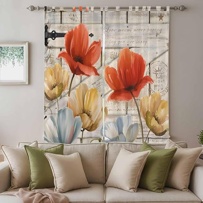 Retro Floral Living Room Curtains 96 Inch Length, Window Curtains Tab Top, Red Yellow Tulips Barm Doors Farmhouse Wooden Light Filtering Window Treatments Drapes 52"x96" 2 Panel