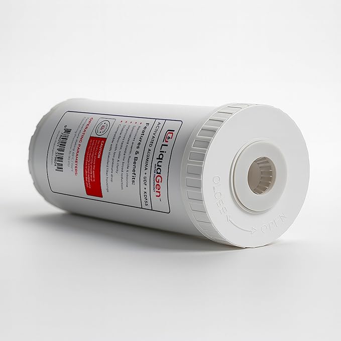 LiquaGen Activated Alumina + Carbon + KDF-55 Replacement Water Filter Cartridge – Helps Manage Fluoride, Chlorine & Taste, Refillable 2.5" x 10", 2.5" x 20", 4.5" x 10", 4.5" x 20" (1, 4.5" x 10")