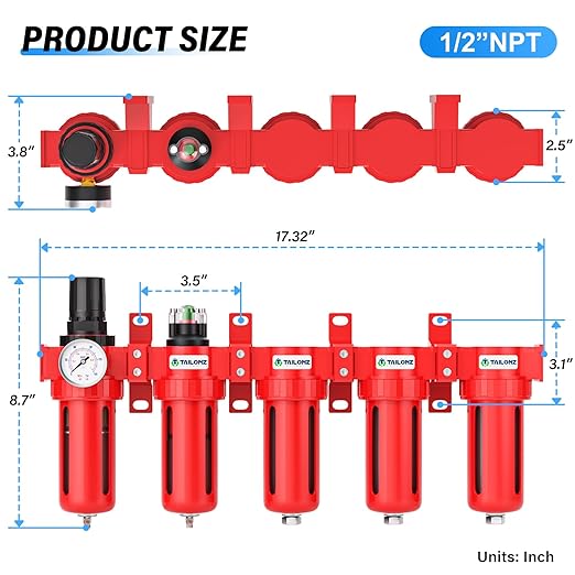 TAILONZ PNEUMATIC 0-150PSI 1/2 Inch NPT Red Industrial Grade 5 Stage Air Drying System, Particulate Filter, Coalescing Filter, Three Desiccant Dryer and Air Regulator (Manual Drainage)