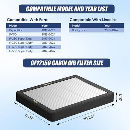 CF12150 Cabin Air Filter with Activated Carbon for 2015-2024 Ford F150 F250 F350 F450 F550 Super Duty Expedition & Lincoln Navigator Accessories, HEPA Air Filter Replacement, 1 Pack