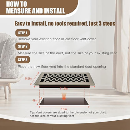 Floor Register AC Vents Brushed Nickel Color 4x10 Inch Air Vents Floor Vents Register Decorative Registers Grilles Air Vents for Floor Baseboard Register Vent