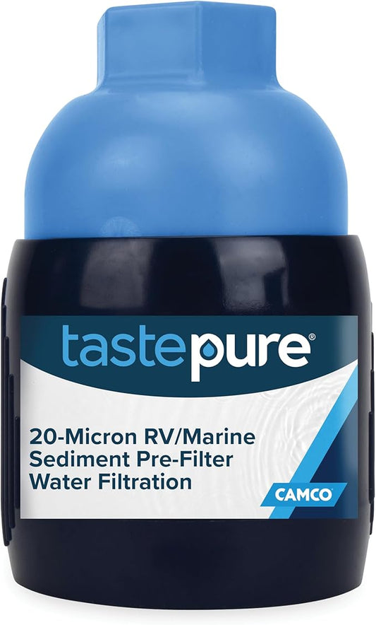 Camco Tastepure Sediment Pre-Filter for RV Water Filter - Features 20-Micron Water Filter System & Provides First Stage of Water Filtration - Extends the Life of Inline Water Filters (40048)