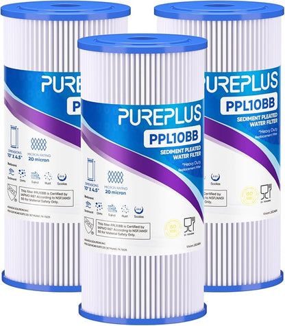 PUREPLUS 20 Micron 10" x 4.5" Whole House Pleated Sediment Filter for Well Water, Replacement Cartridge for GE FXHSC, Culligan R50-BBSA, Pentek R50-BB, DuPont WFHDC3001, W50PEHD, GXWH40L, 3Pack