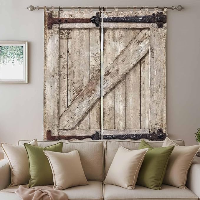 Farmhouse Wood Grain Living Room Curtains 96 Inch Length, Window Curtains Tab Top, Vintage Country Barn Gate Brown Light Filtering Window Treatments Drapes 52"x96" 2 Panel