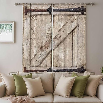 Farmhouse Wood Grain Living Room Curtains 96 Inch Length, Window Curtains Tab Top, Vintage Country Barn Gate Brown Light Filtering Window Treatments Drapes 52"x96" 2 Panel