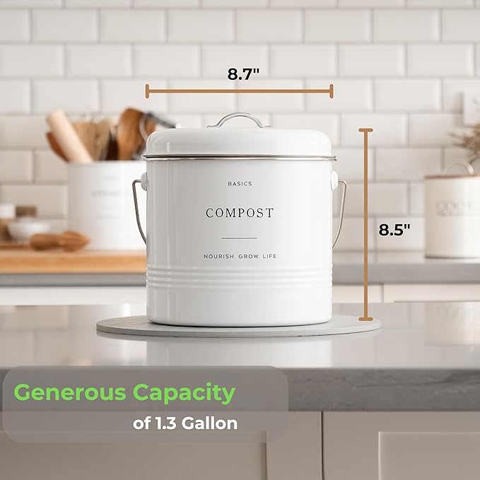 D'Lifeful Kitchen Compost Bin – 1.3 Gallon Countertop Farmhouse Compost Container with Lid – Odorless Indoor Food Scrap Pail with 6 Charcoal Filters – Eco-Conscious and Easy to Clean - White
