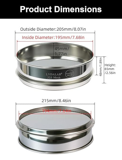 All 304 Stainless Steel 325 Mesh Test Sieve (0.045mm Aperture), 8 Inch/20cm Diameter, Fine Micron Filter, Lab Analysis Sifter for Scientific Research, Inks & Paint Particle Testing
