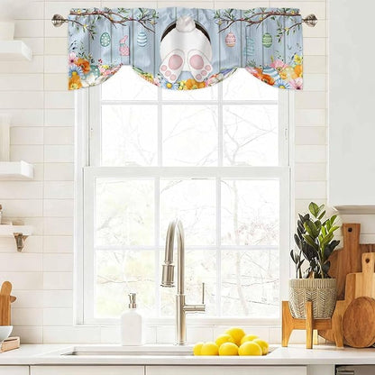 Easter Tie Up Valance Curtains for Windows, Kitchen Curtains Window Shades, Spring Watercolor Bunny Eggs Flower Wood Grain Blue Light Filtering Roman Curtain Valances for Bedroom/Bathroom/Cafe 54"x18"