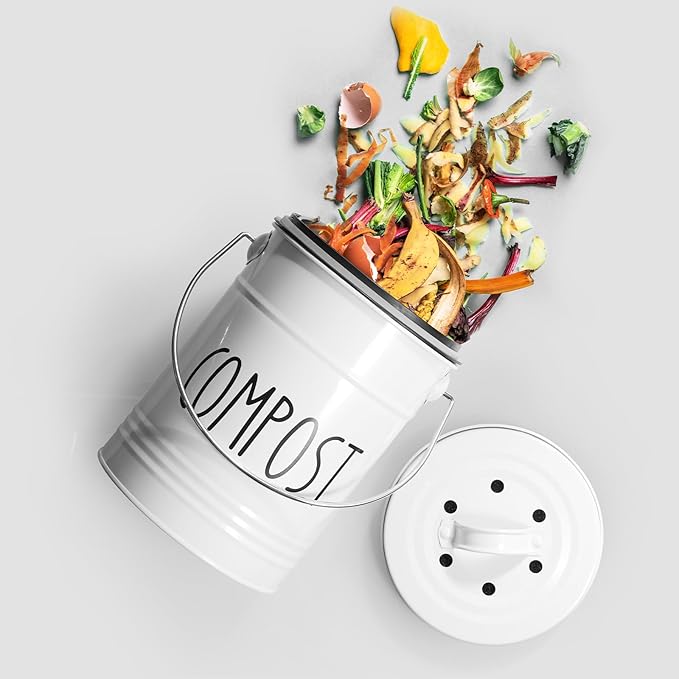 Kitchen Compost Bin, 1 Gallon Countertop Compost Bin with Lid, Indoor Compost Bucket, Includes Inner Bucket Liner and Carbon Filters, White