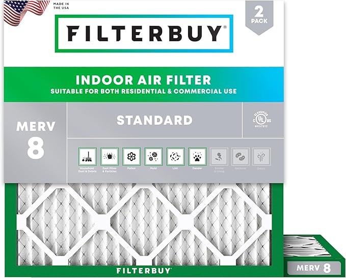 Filterbuy 11.25x11.25x1 Air Filter MERV 8 Essential Dust & Allergy Defense (2-Pack), Electrostatic Pleated HVAC AC Furnace Filters Replacement, Made in USA (Actual Size: 11.25 x 11.25 x 0.75)