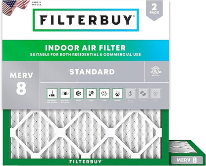 Filterbuy 11.25x11.25x1 Air Filter MERV 8 Essential Dust & Allergy Defense (2-Pack), Electrostatic Pleated HVAC AC Furnace Filters Replacement, Made in USA (Actual Size: 11.25 x 11.25 x 0.75)