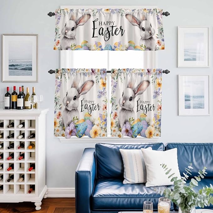 Happy Easter Kitchen Curtains Set 3 Piece for Windows,Rod Pocket Valance and Tier Set 24 Inch Length,Spring Grey Bunny Colorful Eggs Flower Beige Light Filtering Cafe Curtains for Living Room