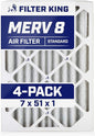 Filter King 7x51x1 Air Filter | 4-PACK | MERV 8 HVAC Pleated A/C Furnace Filters | MADE IN USA | Actual Size: 7 x 51 x .75"