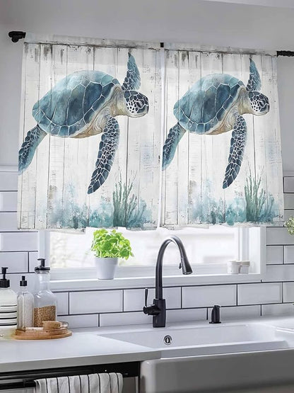 Sheer Curtains 54 Inch Length, Sea Turtle Teal Blue Semi Sheer Curtains Light Filtering Window Treatment, Summer Coastal Ocean Wood Grain Privacy Voile Drapes for Living Room Bedroom 52x54 Inch