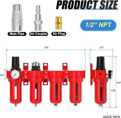 1/2" NPT Industrial Grade 4 Stage Aluminum Air Drying System, Coalescing Filter, Particulate Filter, Double Desiccant Dryer and Air Regulator,Manual Drain For Plasma Cutter and Paint Spray
