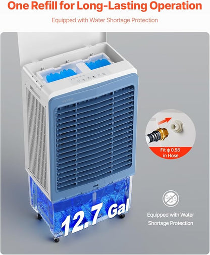 VEVOR Evaporative Air Cooler, 4129 CFM with 12.7 Gallon Water Tank Swamp Cooler, Portable Cooling Fan with Remote Control, 12H Timer, 4 Ice Boxes, Quiet Operation, 3 Wind Speeds for Outdoor Indoor Use