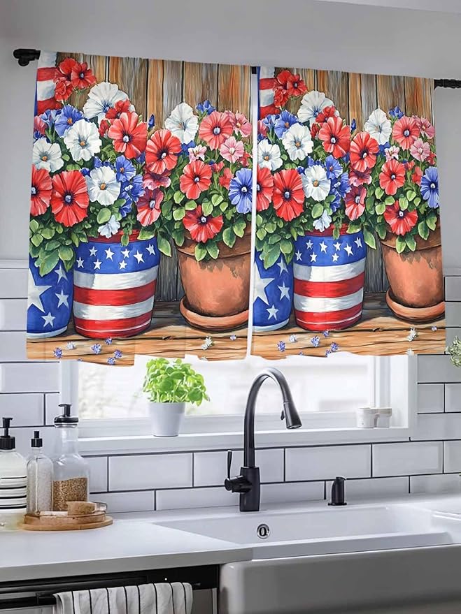 Sheer Curtains 45 Inch Length, Red Blue Flower Semi Sheer Curtains Light Filtering Window Treatment, Retro Independence Day Flag Wood Grain Privacy Voile Drapes for Living Room Bedroom 52x45 Inch