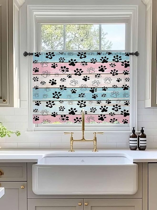 Sheer Curtains 54 Inch Length, Blue Pink Dog Paws Prints Semi Sheer Curtains Light Filtering Window Treatment, Farmhouse Beige Wood Privacy Voile Drapes for Living Room Bedroom 52x54 Inch