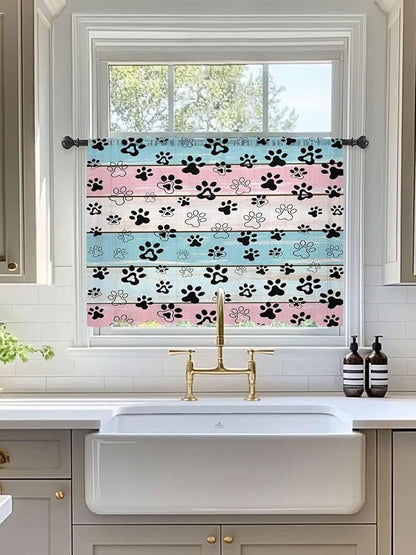 Sheer Curtains 54 Inch Length, Blue Pink Dog Paws Prints Semi Sheer Curtains Light Filtering Window Treatment, Farmhouse Beige Wood Privacy Voile Drapes for Living Room Bedroom 52x54 Inch