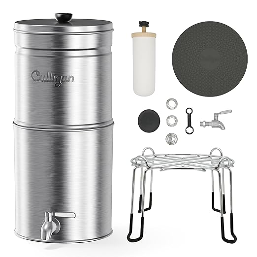 Culligan MaxClear 3 Gallon Gravity Water Filter System, Brushed Stainless-Steel Countertop Water Filter NSF/ANSI Certified to Reduce Microplastics, Lead & Total PFAS, with 2 Ceramic Filters