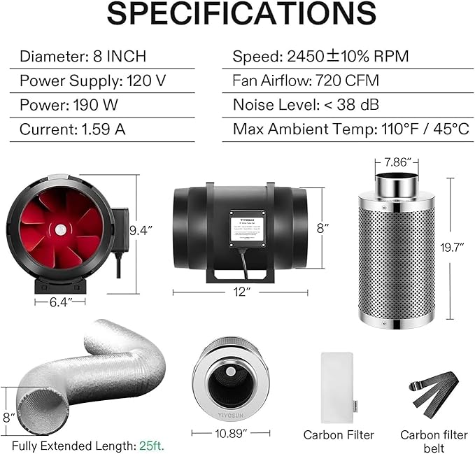 VIVOSUN Grow Tent Ventilation System, 8 Inch Inline Duct Fan with Speed Controller, 8'' Carbon Filter, and 25ft. Ducting Combo, Air Cooling and Filtration Kit for Grow Tent, Hydroponics