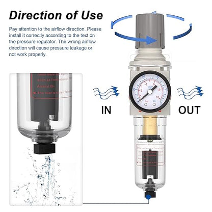 AIRZOE 1/4"NPT Air Filter Regulator Combo Piggyback,5 Micron Brass Element, Auto Drain,Air Pressure Regulator AW2000-02,0-150 psi Gauge