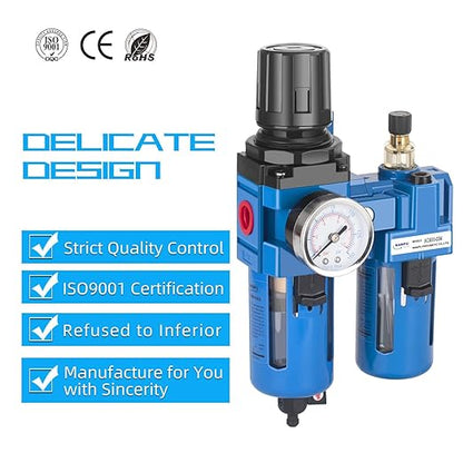 NANPU 3/8" NPT Compressed Air Filter Regulator Lubricator Combo, Water/Oil Trap Separator - Gauge(0-150 psi), Poly Bowl, Manual Drain, Bracket - AC3010-03M