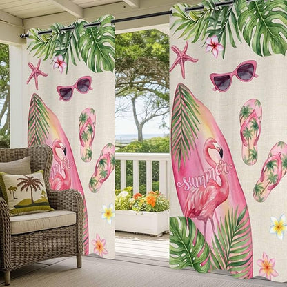 Summer Flamingbirds Outdoor Curtains for Patio Palm Leaves Plumeria Linen Waterproof Outside Curtains with Grommet Top Weatherproof Curtain for Cabana Pergola Gazebo, 1 Panel, 54" W x 84" L