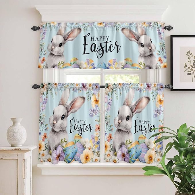 Happy Easter Kitchen Curtains Set 3 Piece for Windows,Rod Pocket Valance and Tier Set 24 Inch Length,Spring Grey Bunny Colorful Eggs Flower Blue Light Filtering Cafe Curtains for Living Room