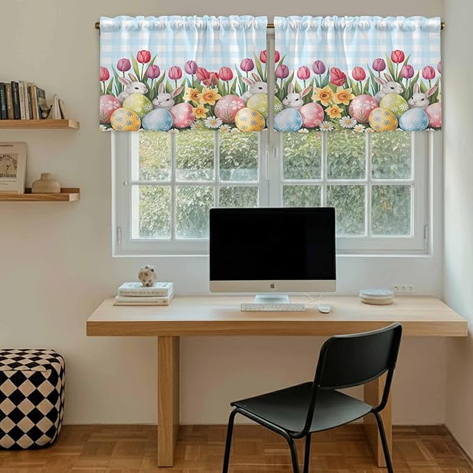 Easter Kitchen Tier Curtains 24 Inch Long 2 Panel Set,Rod Pocket Cafe Small Window Curtains Over Sink,Spring Bunny Colorful Eggs Tulip Flowers Blue Check Light Filtering Short Drapes 27.5"W x 24"L