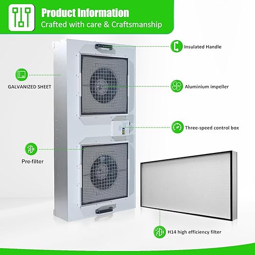 HEPA H14-Filter Laminar Flow Hood Updated FanFilter Unit（Include HEPA Filter）100/ISO Class 5 Cleanroom/Laboratory/Cleanroom/Mushroom Room, Laminar Air Flow Hood(46.2"x22.6"110V，Dual Machine)