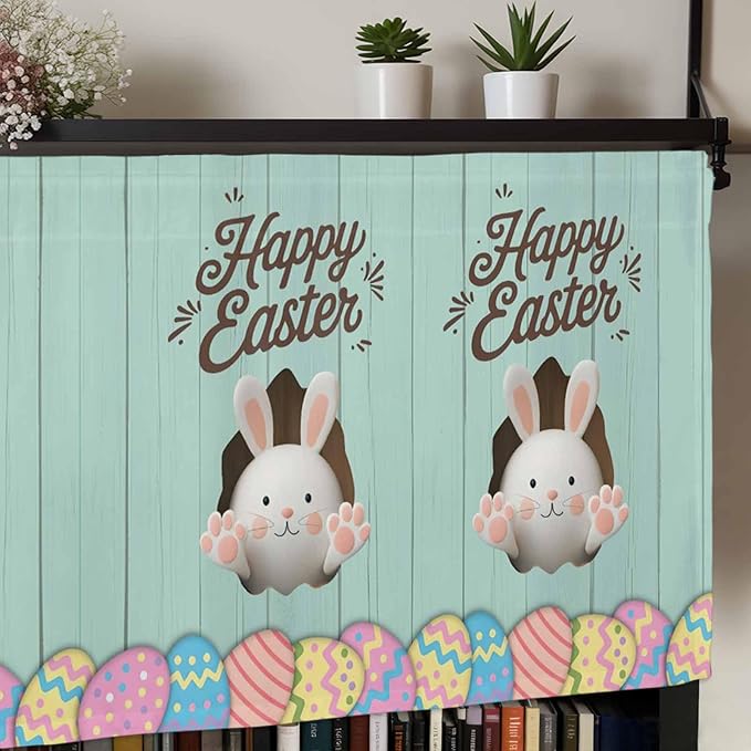 Green Easter Curtain Valances for Windows, Kitchen Valance Window Treatment, Spring Cartoon Bunny Colorful Eggs Wood Grain Light Filtering Block Curtains for Bathroom/Bedroom/Living Room 42'' x 18''