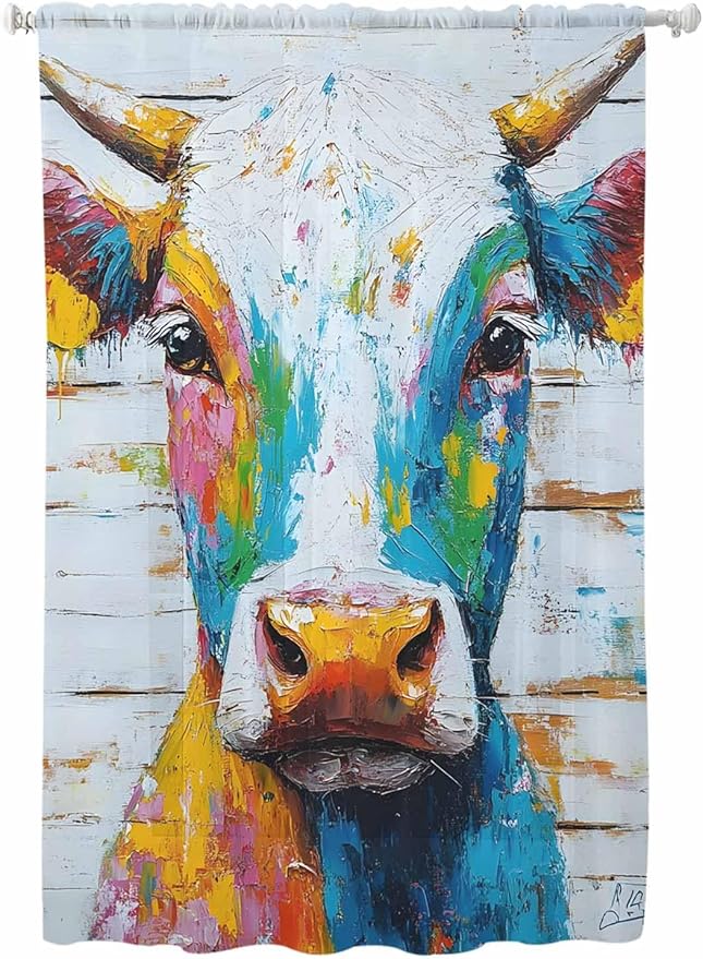 Sheer Curtains 72 Inches Long, Funny Colorful Cow Semi Sheer Curtains Light Filtering Window Treatment, Retro Rustic Oil Painting Wood Grain Privacy Voile Drapes for Living Room Bedroom 52x72 Inch