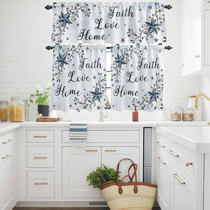 Texas Star Country Kitchen Curtains Set 3 Piece for Windows, Rod Pocket Valance and Tier Set 24 Inch Length, Blue Farmhouse Branches Light Filtering Cafe Curtains for Living Room Bathroom